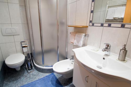 a bathroom with a toilet and a sink and a shower at Sonnenheimhof in Malles Venosta