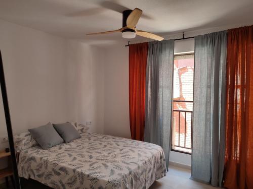 1 dormitorio con 1 cama y ventilador de techo en Apartamentos las flores, en Murcia