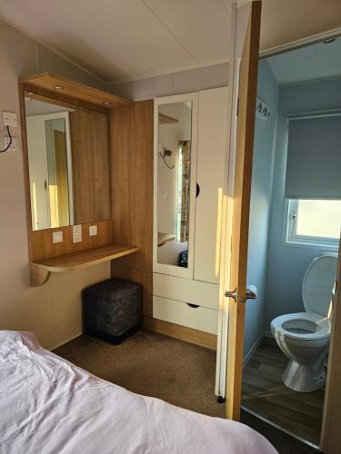 1 dormitorio con cama, aseo y espejo en Caravan 4 - Cambrian Coast Caravan Park en Borth