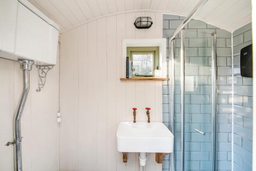 uma casa de banho com um lavatório e um chuveiro em Oak + Stars Hideaway em Holmfirth