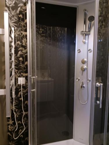 a shower with a glass door in a bathroom at Cherry Blossom House in Bujaleuf