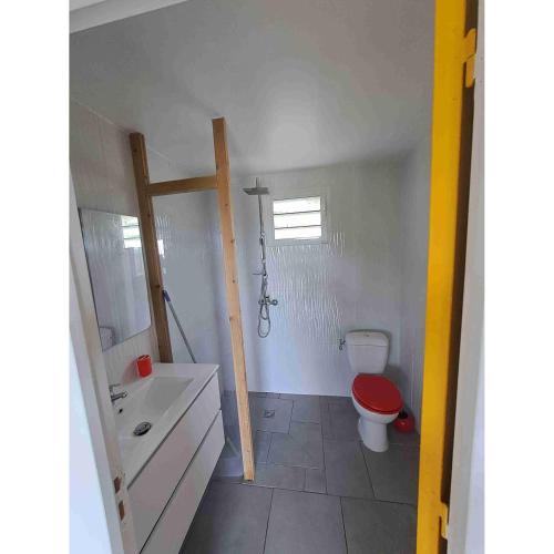 a bathroom with a red toilet and a sink at Les bungalows de Pipo 1 in Anse-Bertrand