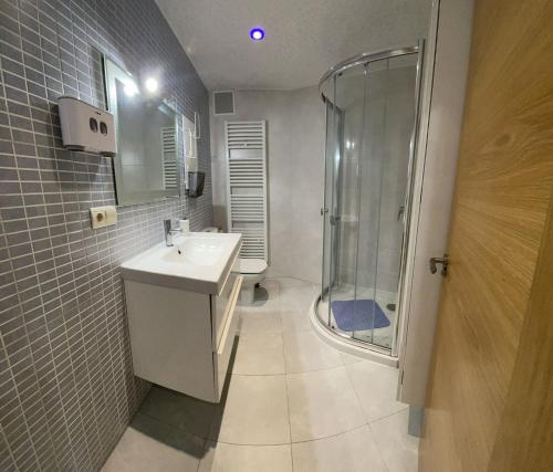 a bathroom with a sink and a shower at El mirador templario in Ponferrada