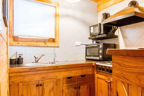 cocina con fregadero y microondas en BOG Torres del Bayo en Villa La Angostura