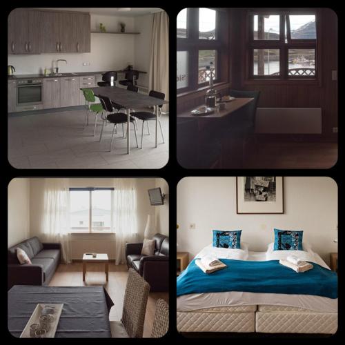 a group of four pictures of a kitchen and a living room at Framtid Apartments and Holiday Homes in Djúpivogur