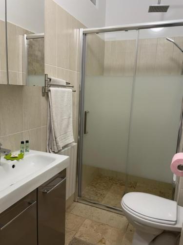 La salle de bains est pourvue d'une douche, de toilettes et d'un lavabo. dans l'établissement Chambre équipée Plain-Pied - 2 pers avec sdb wc privé, à Hargeville