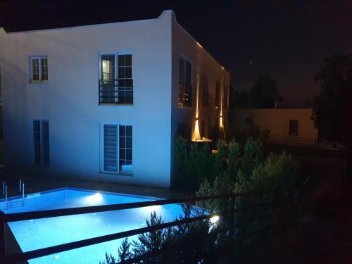 a white house with a swimming pool at night at No 444 in Dalaman
