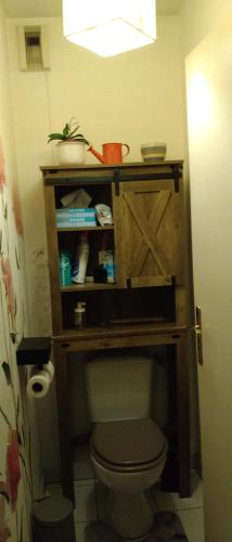 a bathroom with a wooden cabinet above a toilet at IL & DG Immobilier in Saint-Denis