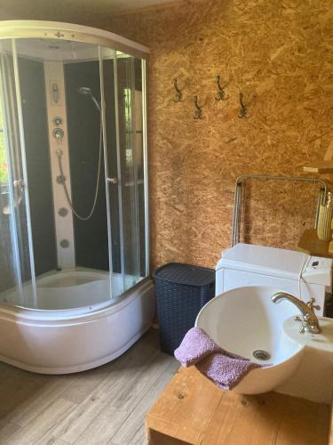 a bathroom with a shower and a sink and a tub at Chalupa Nella in Velké Karlovice