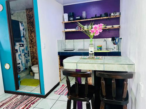 a bathroom with a counter with a vase of flowers at Nomada's Digital in Manuel Antonio