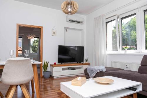 a living room with a couch and a tv at Castle View Apartment in Bratislava