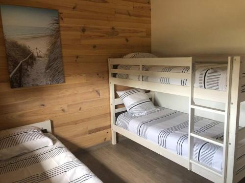 2 beliches num quarto com paredes de madeira em Chez Floflo em Rion-des-Landes