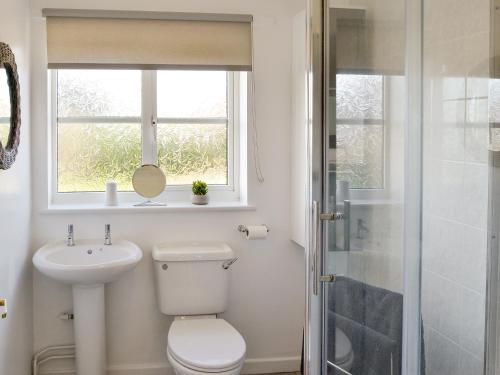 a bathroom with a toilet and a sink and a window at The Chase in Walcott