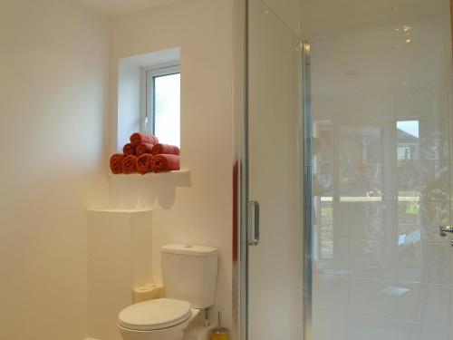 a bathroom with a toilet and a glass shower at Tawny Owls in Godstone