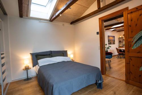 a bedroom with a bed and a skylight at New Cozy Central Scandinavian Skylight House in Horsens