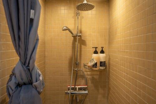 y baño con ducha y cortina azul. en New Cozy Central Scandinavian Skylight House, en Horsens