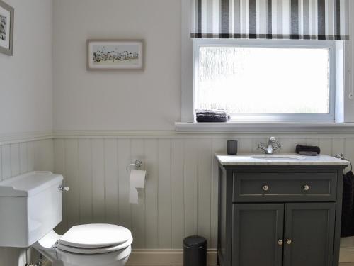 a bathroom with a toilet and a sink and a window at Yonderton Mcgill Cottage - Uk11182 in Hollybush