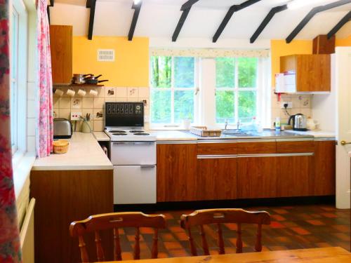 kuchnia z żółtymi ścianami i drewnianymi szafkami w obiekcie Bridge Cottage w mieście Lockerbie