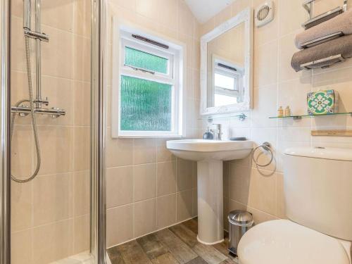 a bathroom with a sink and a toilet and a shower at Bensfield Treehouse in Wadhurst