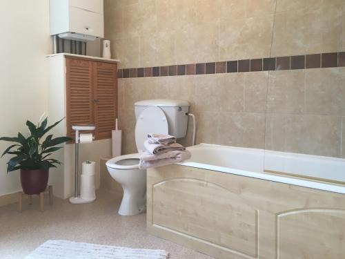 a bathroom with a toilet and a bath tub at Nidd Cottage in Pateley Bridge