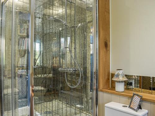 a glass shower in a bathroom with a toilet at Mudhorse Cottage in Stolford