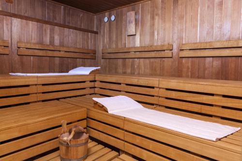 a large wooden sauna with two beds in it at Hotel Dieksee - Collection by Ligula in Malente