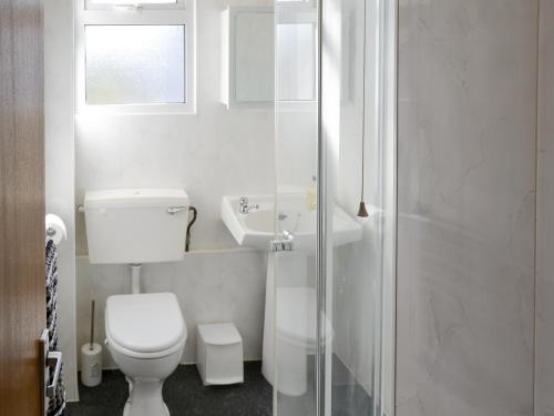 a white bathroom with a toilet and a sink at Pintail in Brundall