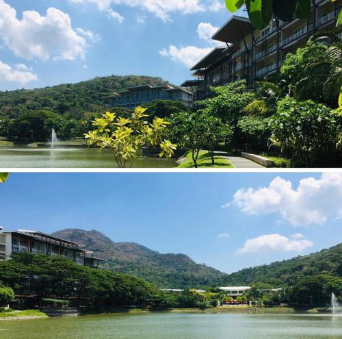 zwei verschiedene Bilder von einem Gebäude und einem See in der Unterkunft Luxurious Family Room Pico de Loro in Nasugbu