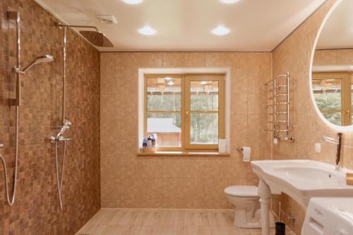 a bathroom with a sink and a shower and a toilet at Viesu nams “Kalna Raskumi” in Vecpiebalga
