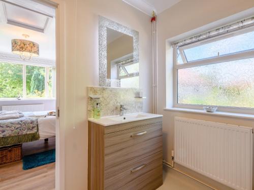 a bathroom with a sink and a mirror and a bed at Paddock End in Great Plumstead