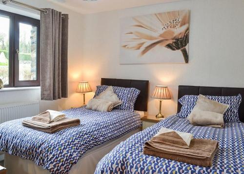 dwa łóżka siedzące obok siebie w sypialni w obiekcie Tan-y-fron Holiday Park w mieście Dolgellau