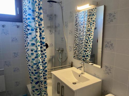 une salle de bain avec un lavabo et un miroir dans l'établissement Studio Cabine 26m², 4 pers, proche commerces et pistes - FR-1-758-3, aux Angles