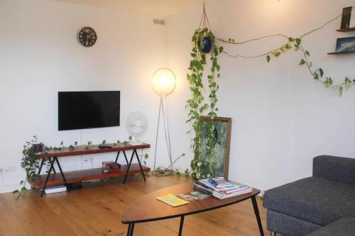 a living room with a tv and a table at 47 m2 bright nest near Paris in Aubervilliers