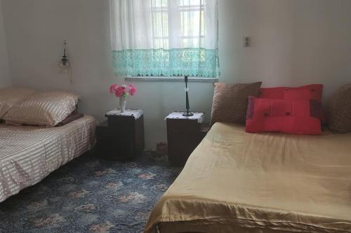 - une chambre avec 2 lits et une fenêtre dans l'établissement Šeherezada, à Kosjeric
