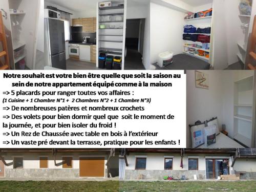 un collage d'une cuisine avec une photo d'une pièce dans l'établissement Appartement 8-10 personnes SUPERDEVOLUY Hautes Alpes REZ DE CHAUSSÉE Vue panoramique 3 CHAMBRES, à Saint-Étienne-en-Dévoluy