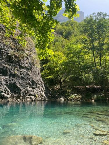 a river with blue water and trees in the background at Aristi boutique stonehouse with attic in Aristi