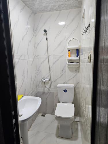 een witte badkamer met een toilet en een wastafel bij Galstyans Home Zvartnots Airport in Pʼarakʼar