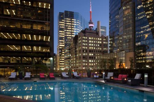 een zwembad op het dak van een gebouw met gebouwen bij Hilton Toronto in Toronto