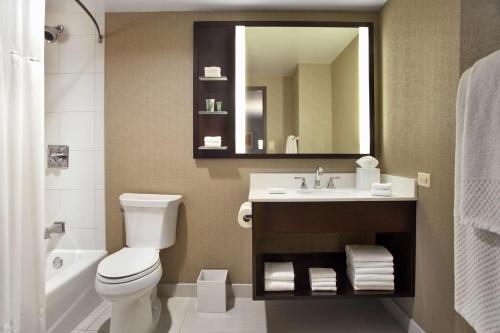 a bathroom with a toilet and a sink and a mirror at Hilton Chicago in Chicago