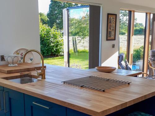 a kitchen with a counter top with a wooden counter top at Wrens Nest in Chippenham