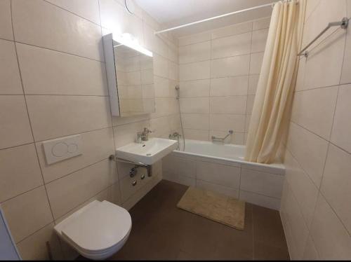 La salle de bains est pourvue de toilettes, d'un lavabo et d'une baignoire. dans l'établissement Jacqueline residence, à Sion