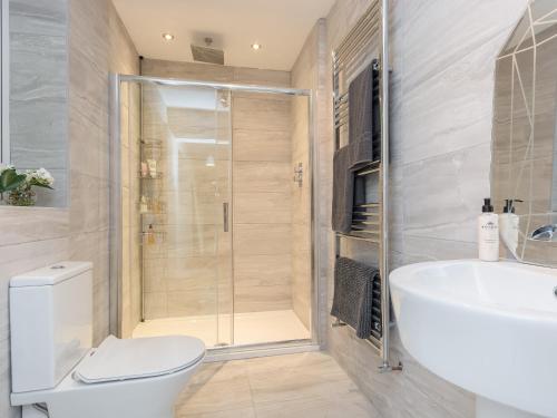 a bathroom with a shower and a toilet and a sink at Lavender Lea in Henley in Arden