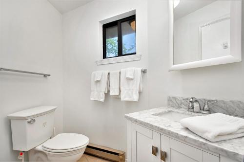 a white bathroom with a toilet and a sink at The Tulip Tree House in New Buffalo