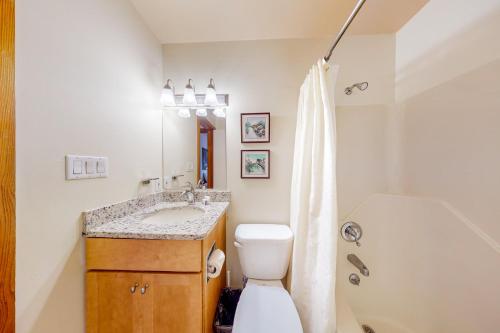 a bathroom with a toilet and a sink and a shower at Trail Creek 42 in Killington