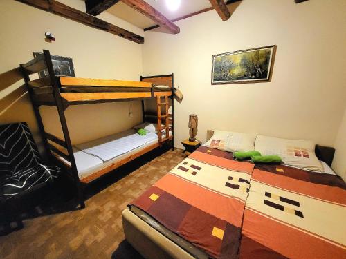 1 dormitorio con 2 literas y sofá en Ciconia Nigra rooms, en Bački Monoštor