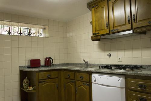 a kitchen with wooden cabinets and a white dishwasher at Casa De Santa Comba in Cabeceiras de Basto