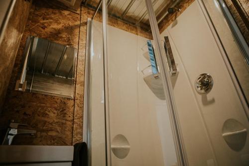 a bathroom with a shower and a toilet in a room at Les Microchalets d'Édouard in LʼAnse-Saint-Jean