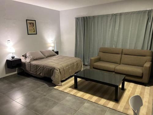 a bedroom with a bed and a couch and a coffee table at Monoambiente amoblado in Corrientes