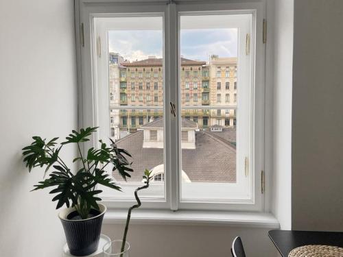 a window with a potted plant on a table at Stylish Designer Apartment at the Center of Vienna Naschmarkt in Vienna