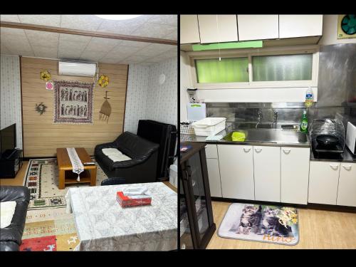 a small kitchen and a living room with a couch at Kohan no yado Kojima - Vacation STAY 34143v in Lake Toya